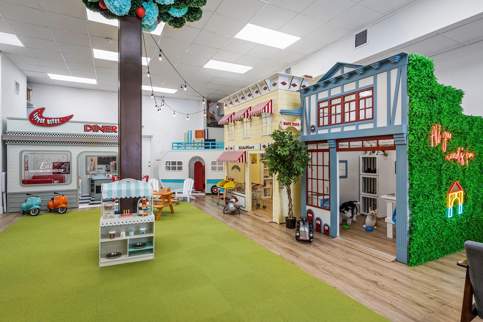 Indoor playground at Kids Hideout Fort Lauderdale - pretend play stations for field trips