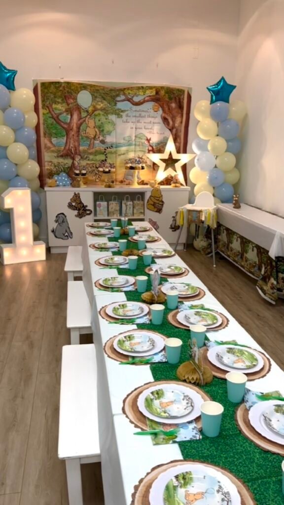ONE Hundred Acre Wood Winnie the Pooh birthday decorations with honey pot accents at Kids Hideout