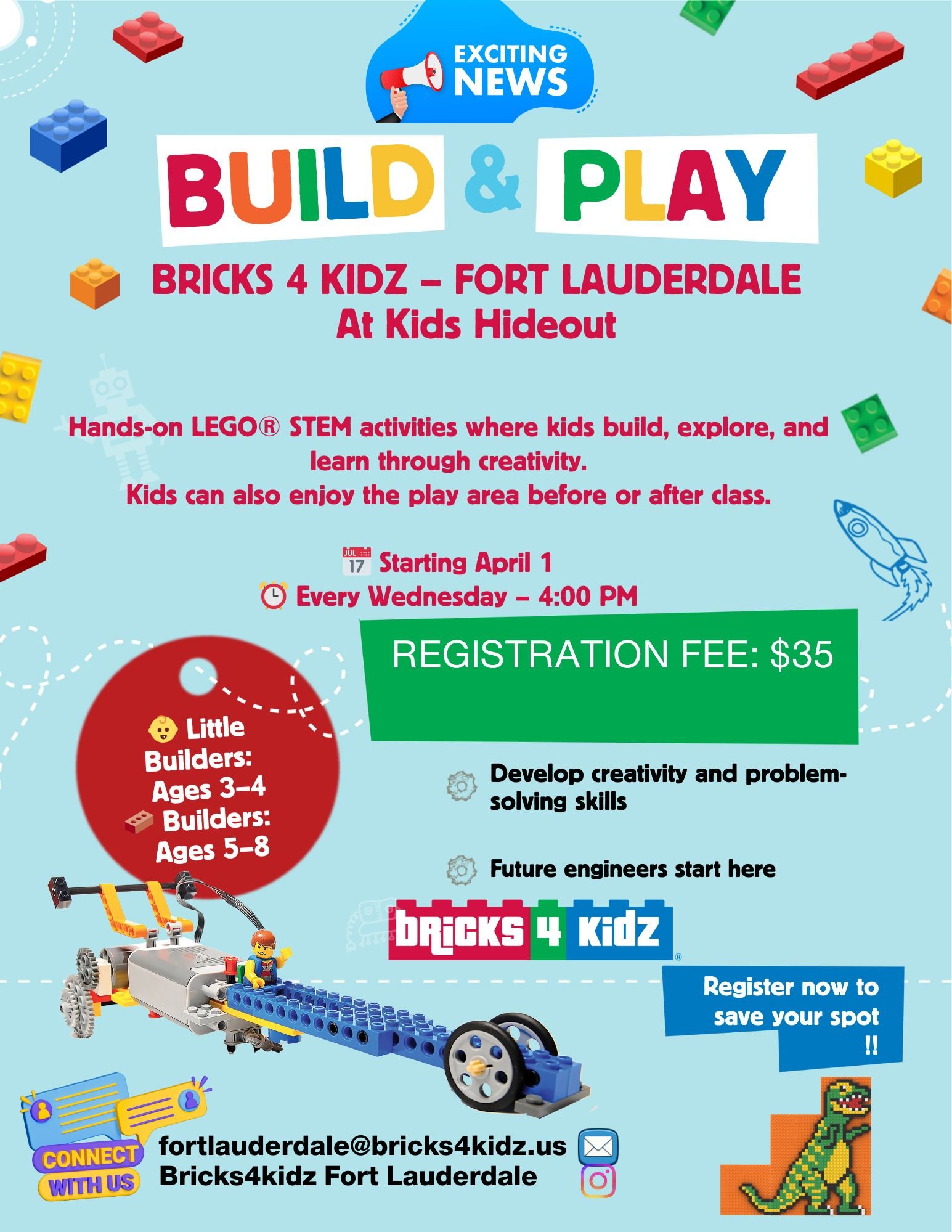 Bricks 4 Kidz LEGO STEM class for kids at Kids Hideout Fort Lauderdale indoor playground