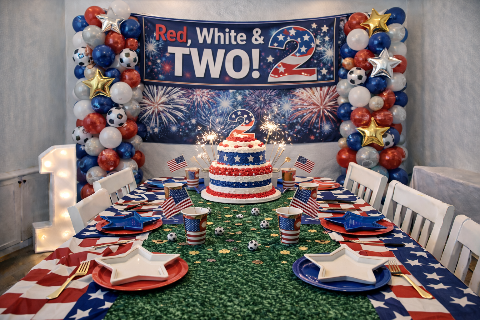 Fourth of July birthday party banner with red white and blue decorations saying Red White and TWO