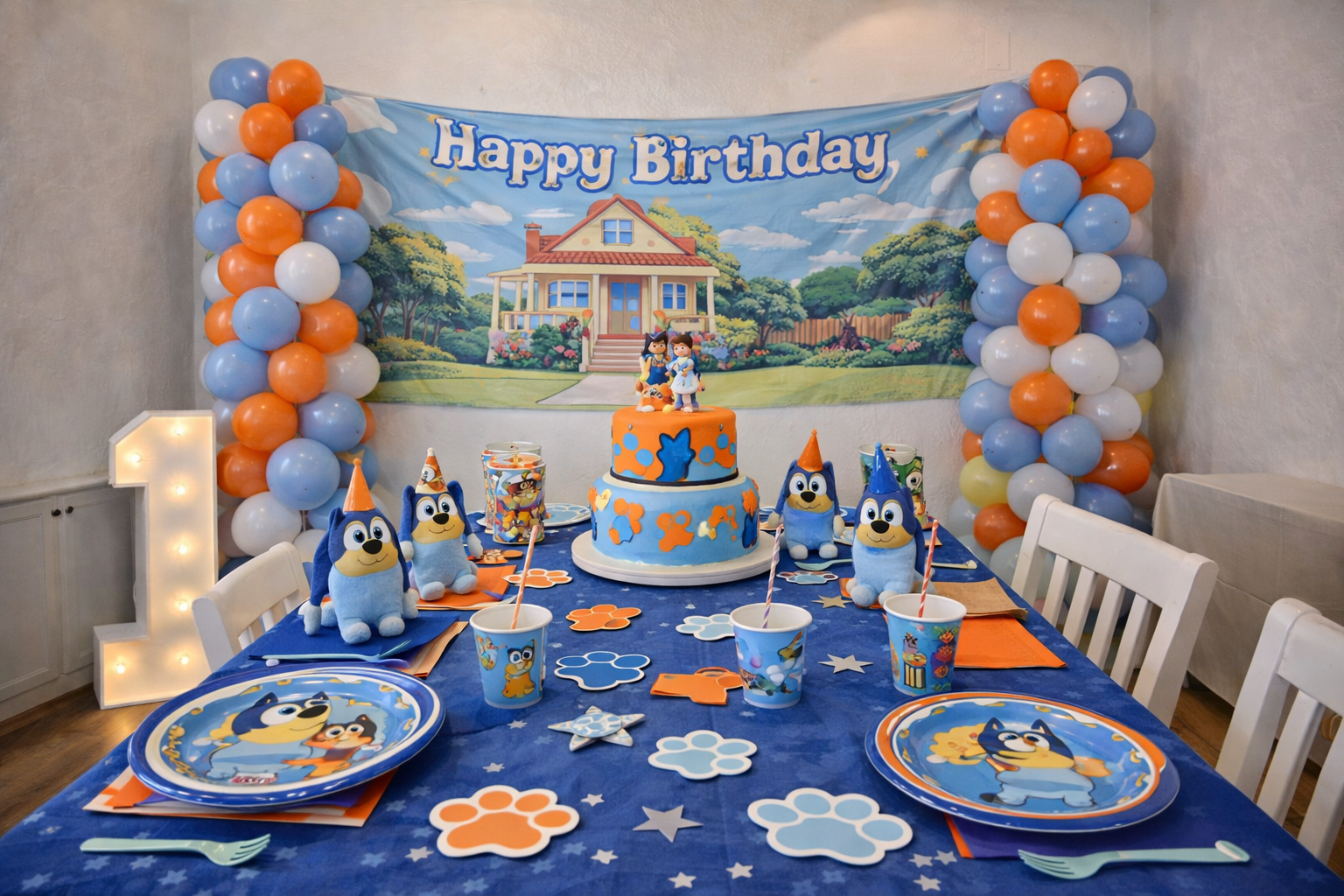 Cartoon blue puppy dog birthday party banner saying For Real Life I Am THREE with paw print decorations