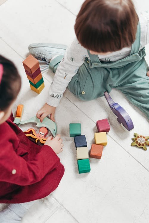 Two children playing with LEGO building blocks