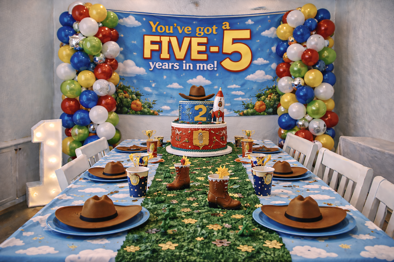 Toy Story birthday party banner with cowboy and space ranger theme saying You Have Got a FIVE Year Old in Me