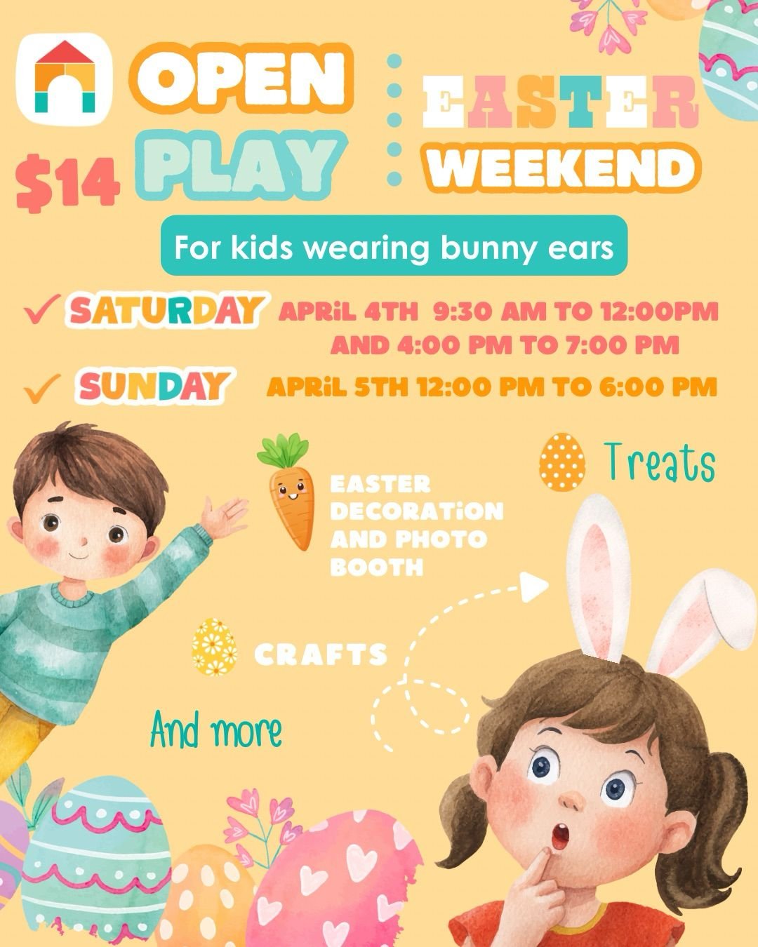 Easter Weekend Open Play activities flyer at Kids Hideout indoor playground Fort Lauderdale