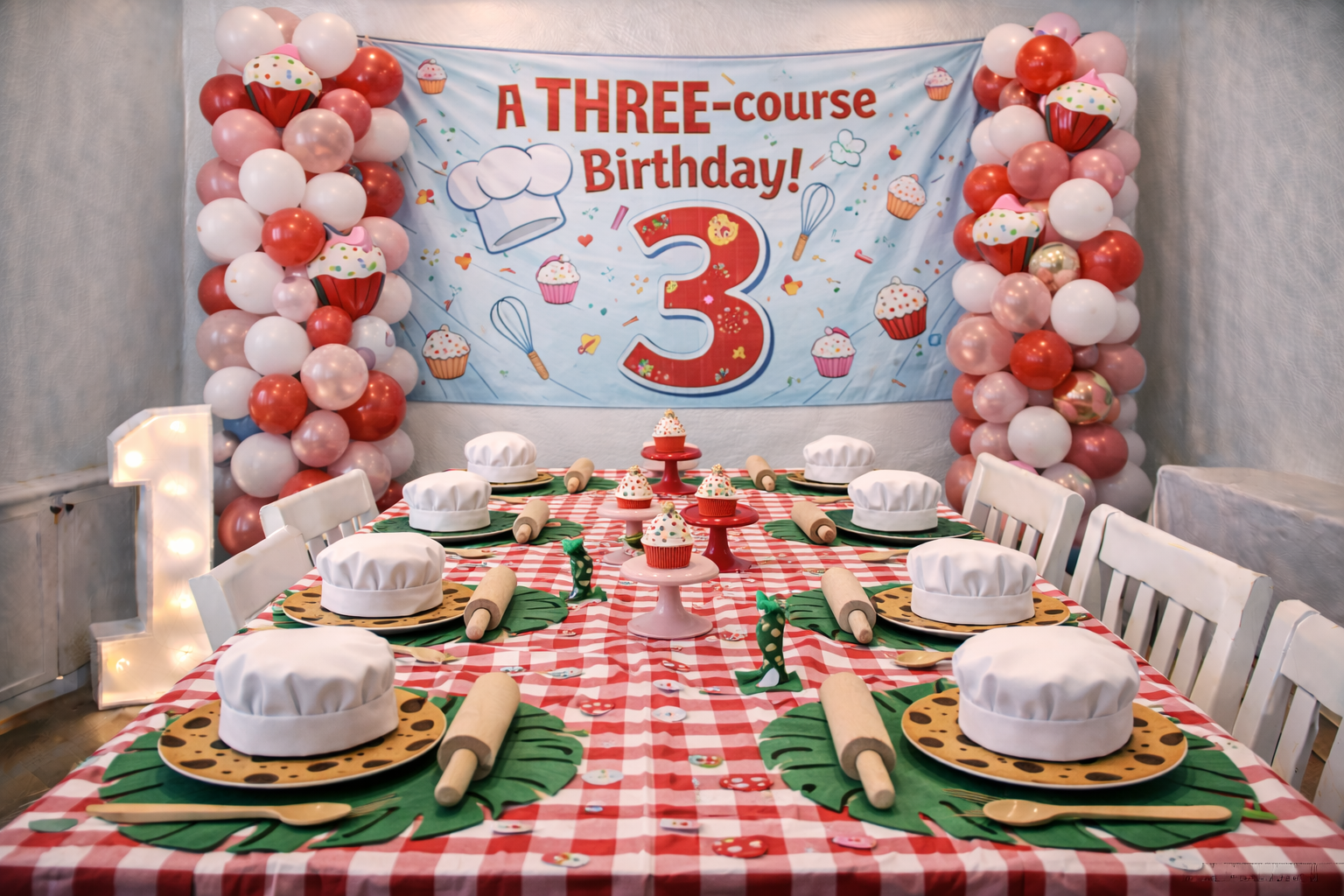 Mini chef cooking birthday party banner saying A THREE Course Birthday with kitchen decorations