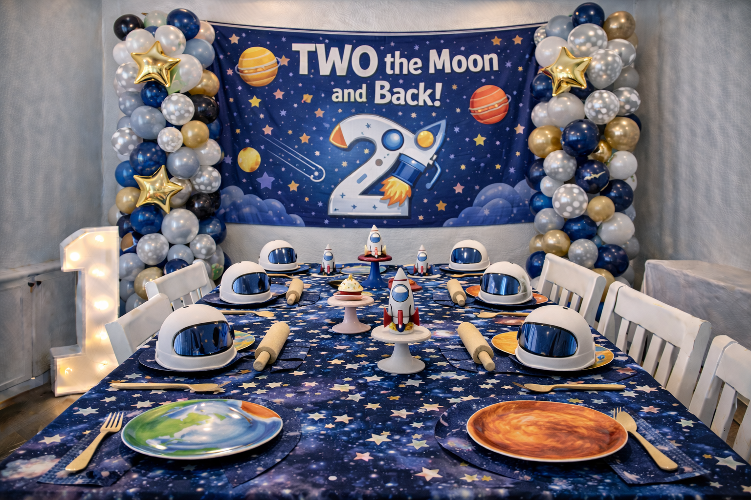Space explorer birthday party banner with rockets and stars saying TWO the Moon and Back