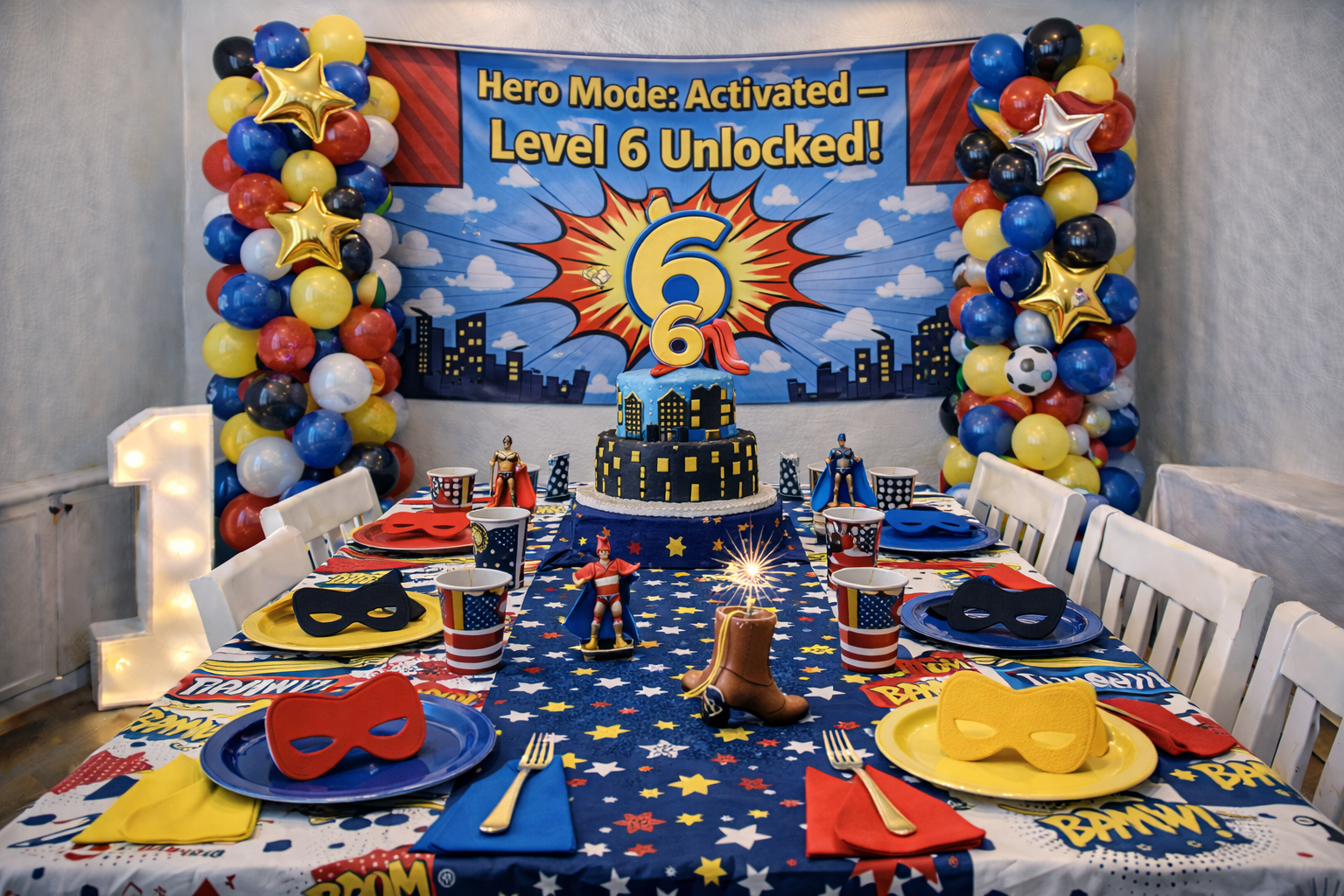Superhero training camp birthday party banner saying Hero Mode Activated Level SIX Unlocked