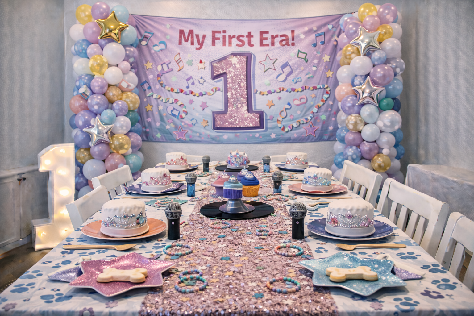 Pop star music eras birthday party banner with sparkly microphones and concert decorations saying My First Era