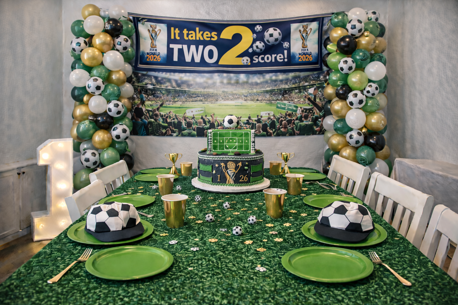 World Cup 2026 soccer birthday party banner with stadium decorations and soccer balls