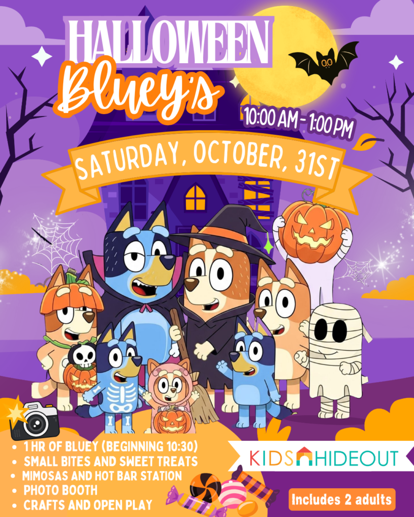 Bluey's Halloween Party flyer - Saturday October 31 at Kids Hideout Fort Lauderdale